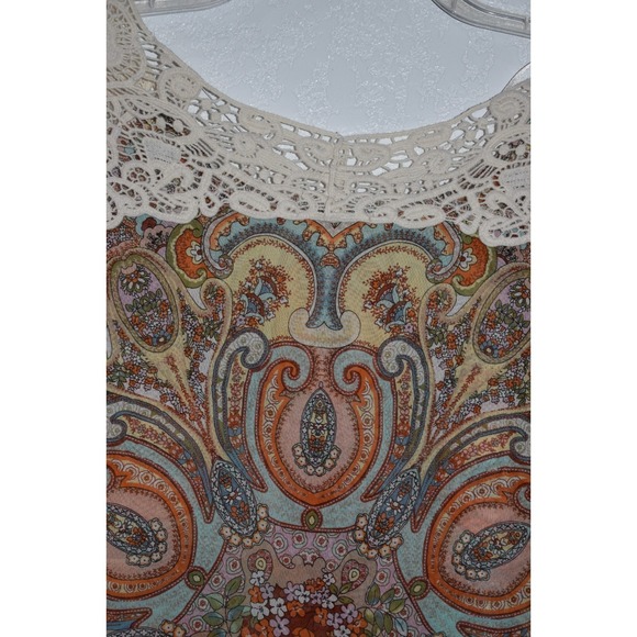 One World Sleeveless Top Large Crochet Shoulders High-Low Hem Sheer Boho Hippie - Picture 12 of 16